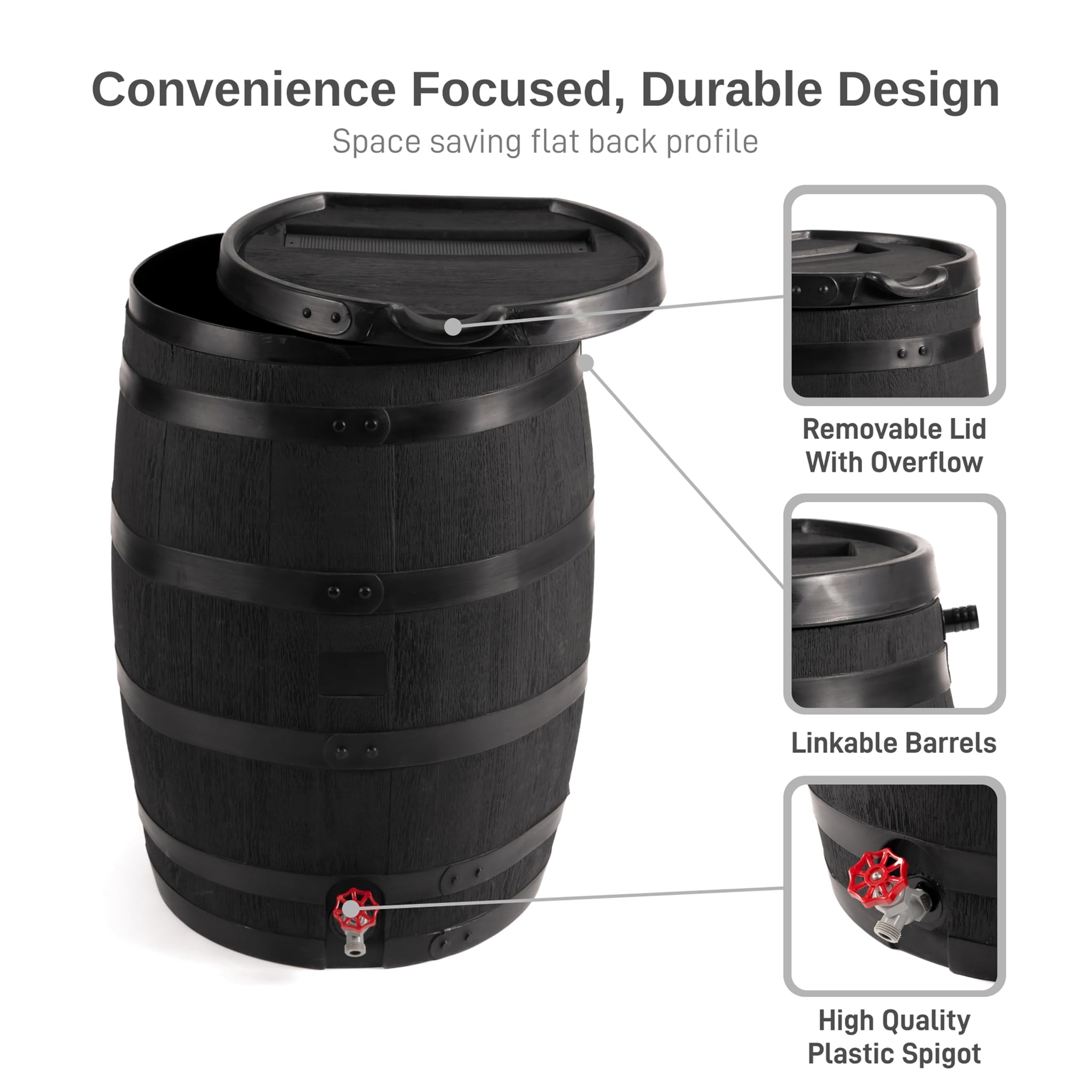 Rain Barrel with Removable Lid, Black (55 Gallon) - Eco-Friendly, image size:2048x2048