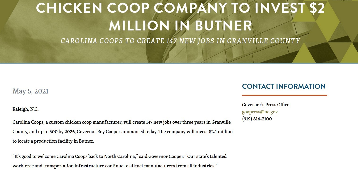 Press release Carolina Coops in Creedmoor NC