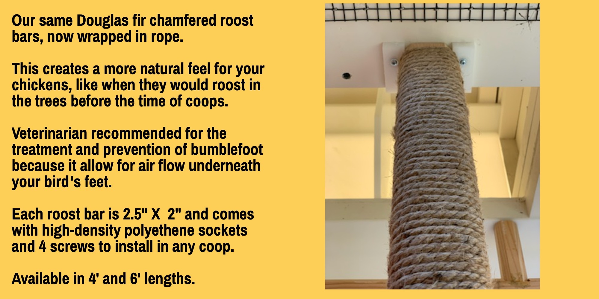 rope wrapped roost bar includes