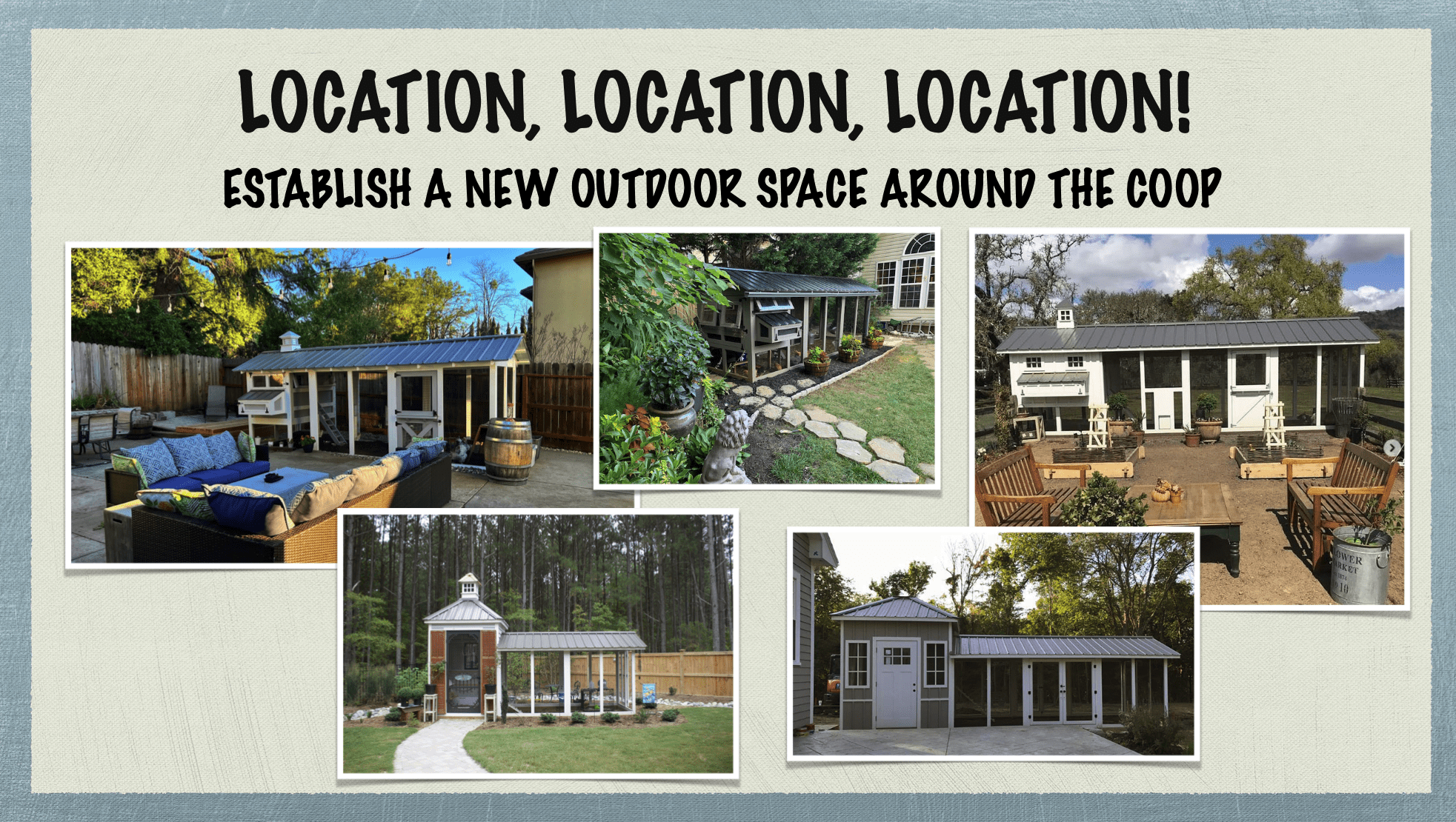 Carolina Coops - coop placement and site placement - establish a new outdoor space around the coop